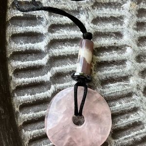 Canadian Rose Quartz Stone Donut Pendant with Rose Agate Bead on Black Cord